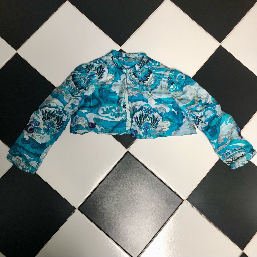 Vintage 80s Handmade Silky Satin Cropped Jacket Pucci Vibes Ocean Blue Custom ~S